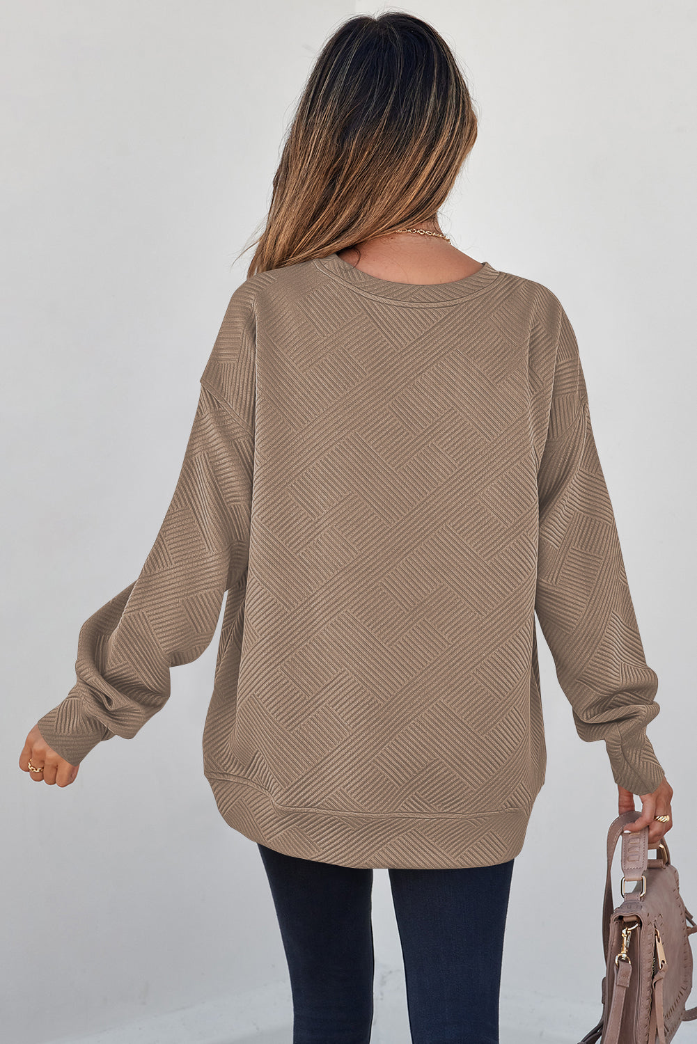 Coffee Solid Color Textured Round Neck Drop Shoulder Pullover Sweatshirt