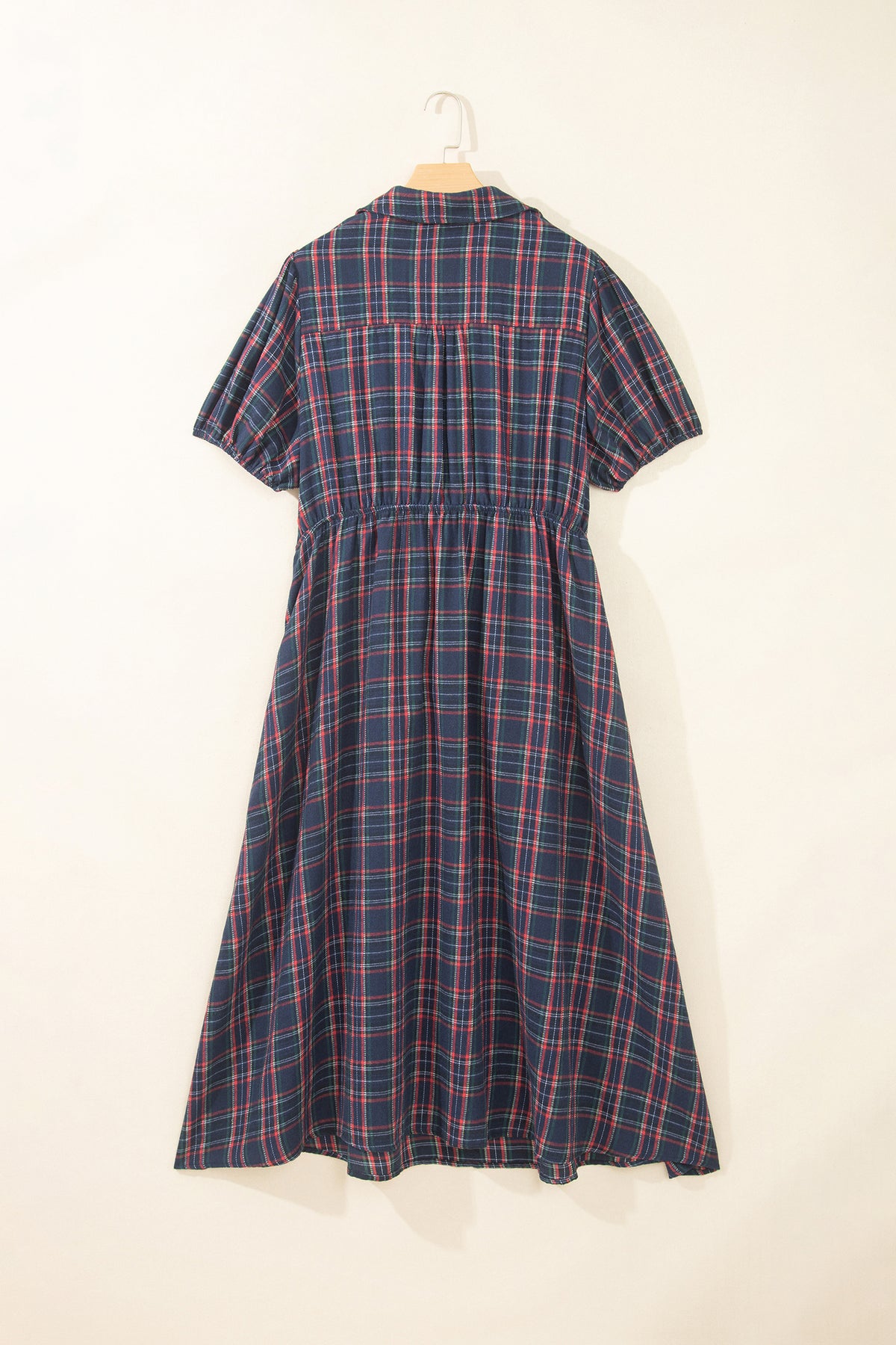 Black Plaid V Neck Belted Waist Short Sleeve Plus Size Dress