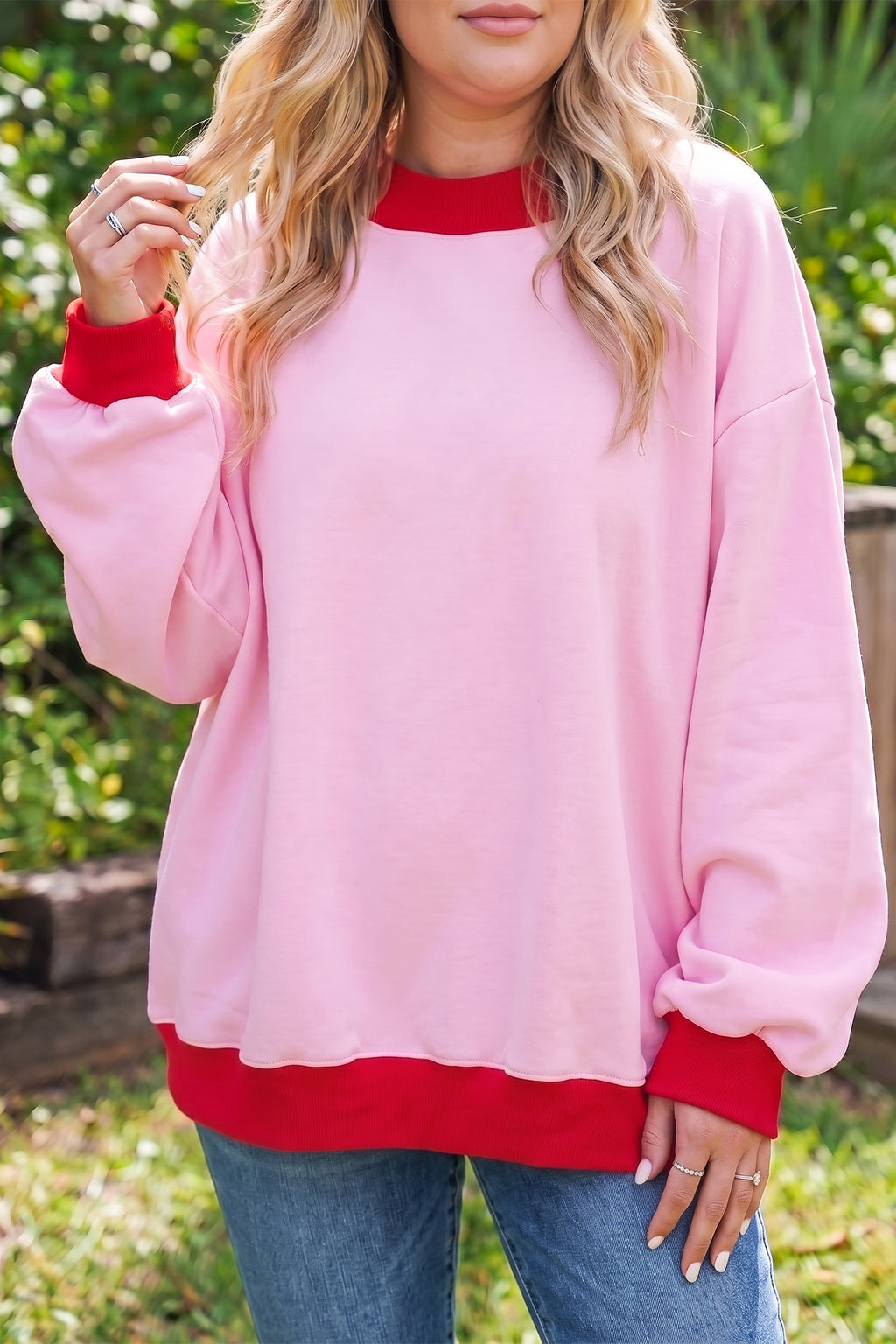Pink Red Contrast Trim Plus Size Sweatshirt