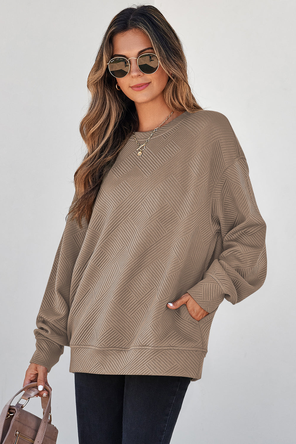 Coffee Solid Color Textured Round Neck Drop Shoulder Pullover Sweatshirt