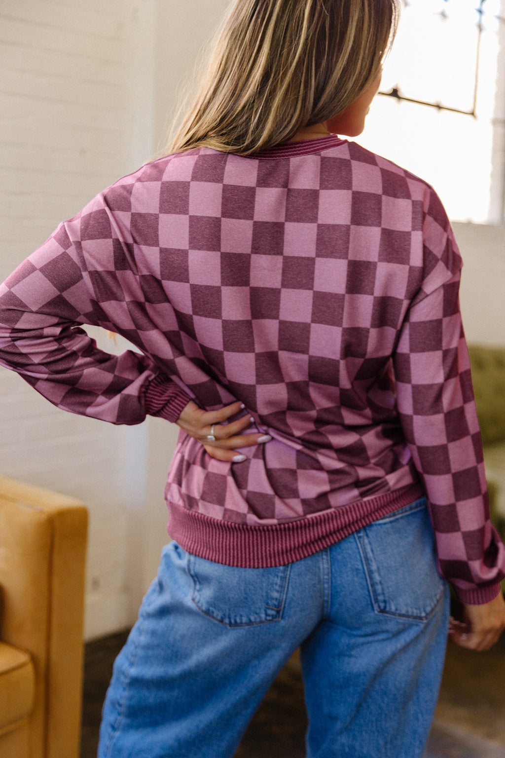 Ribbed Trim Checkered Print LS Pullover Top