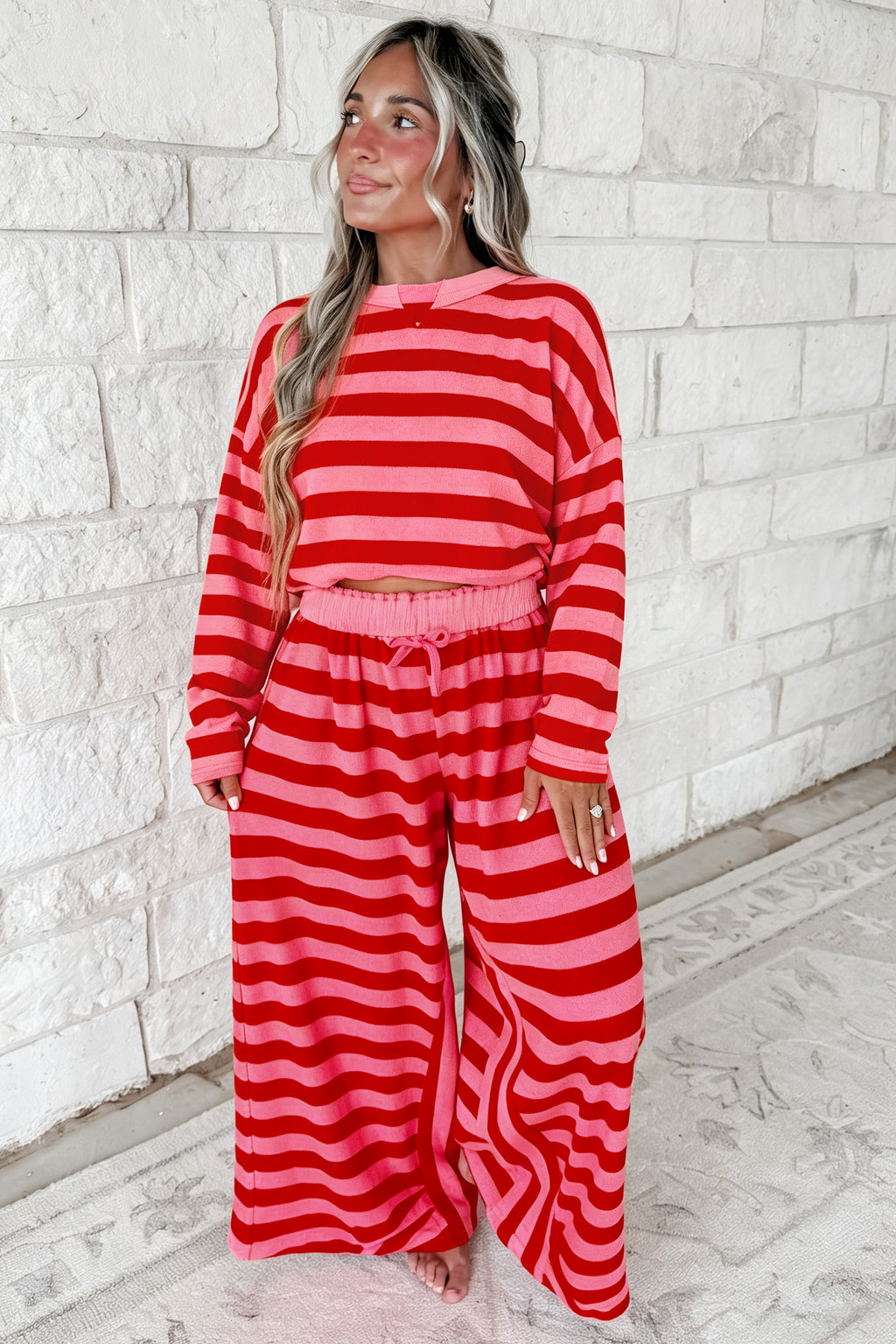 Red Stripe Two-Piece Drop Shoulder Pullover Loose Pants Set