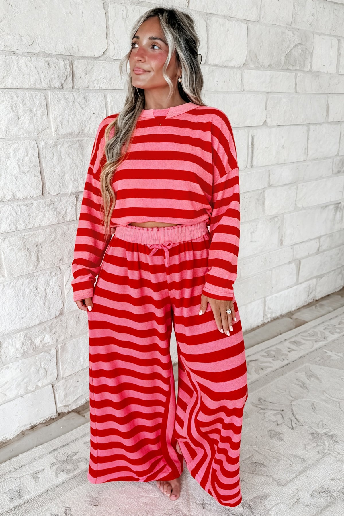 Red Stripe Two-Piece Drop Shoulder Pullover Loose Pants Set