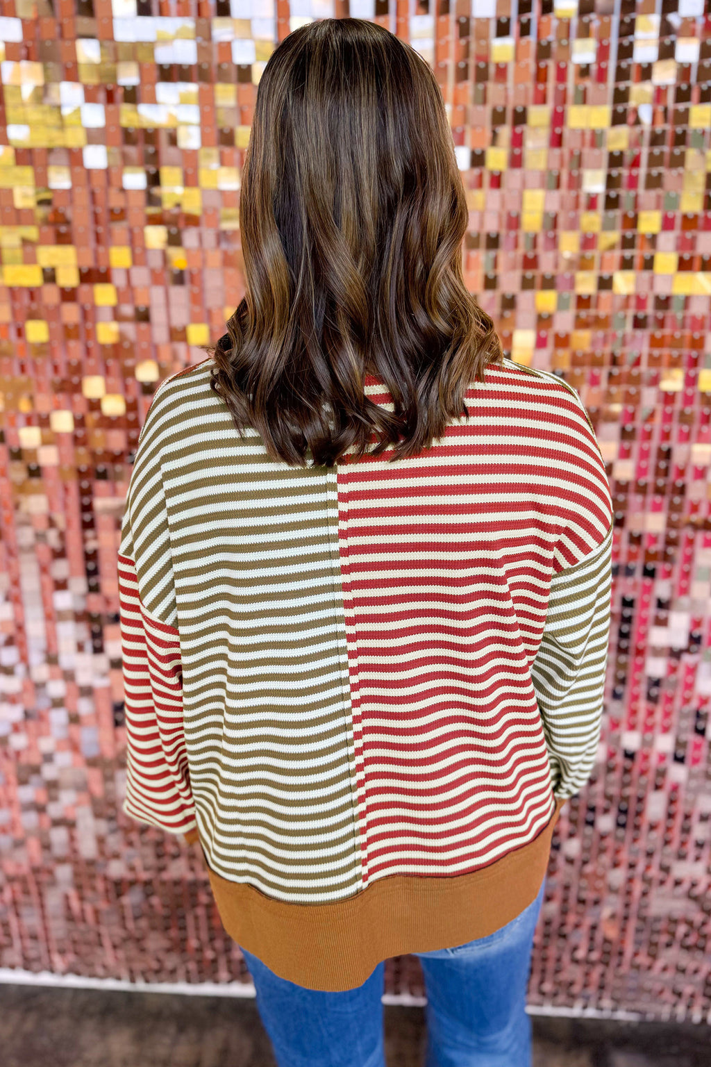 Brown Stripe Striped Colorblock V Neck Oversized Long Sleeve Plus Size Blouse