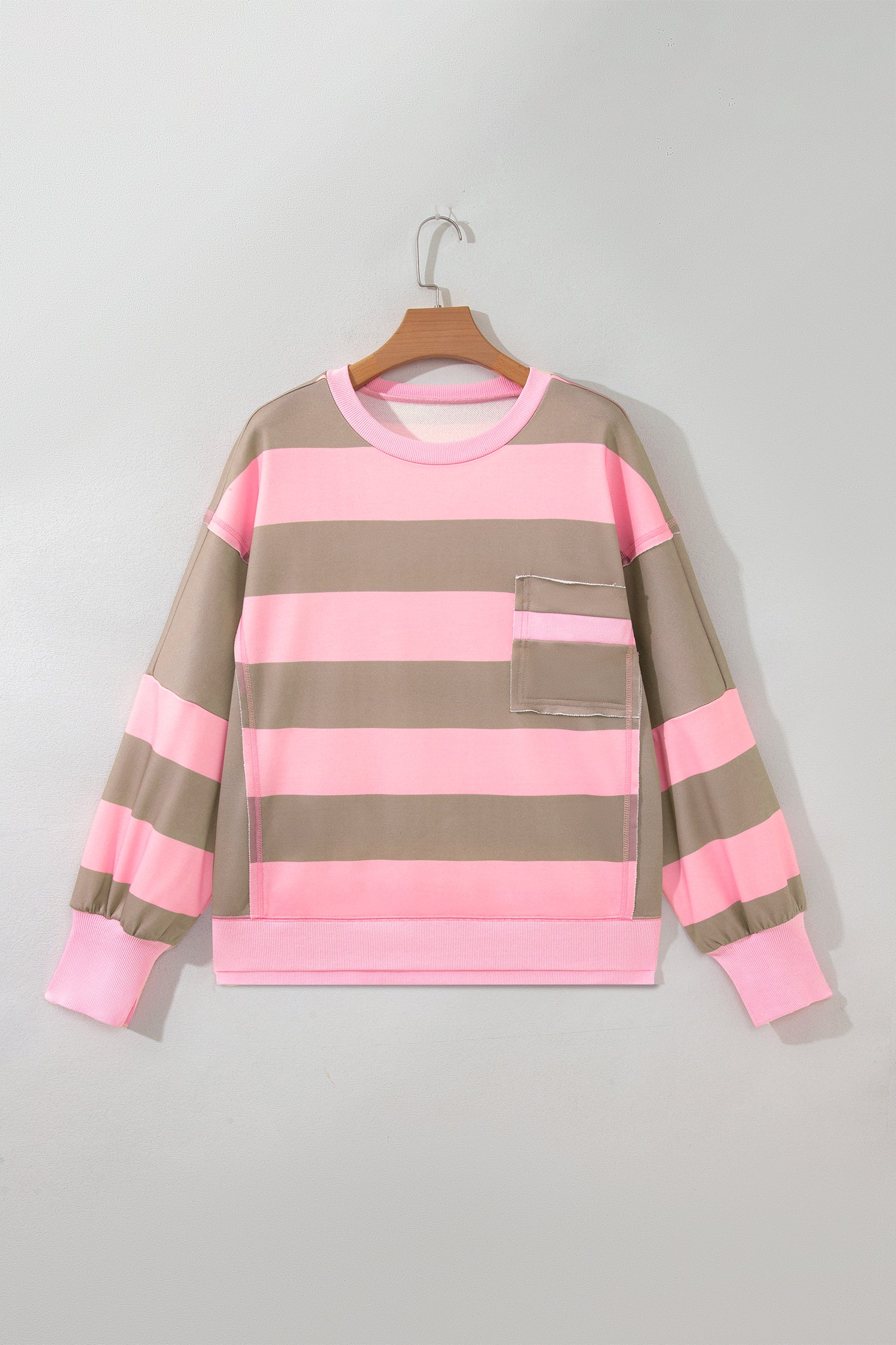 Pink Stripe Striped Colorblock Patch Pocket Split Hem Oversized Long Sleeve Sweatshirt