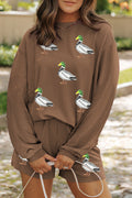 Chestnut Twisted Ribbed Sequin Mallard Graphic Long Sleeve Top and Short Set