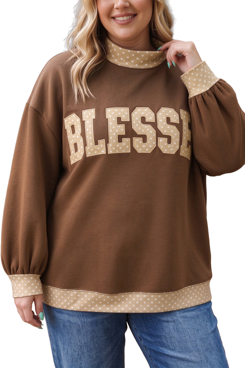 Coffee Plus Size Polka Dot Trim Mock Neck BLESS Graphic Sweatshirt