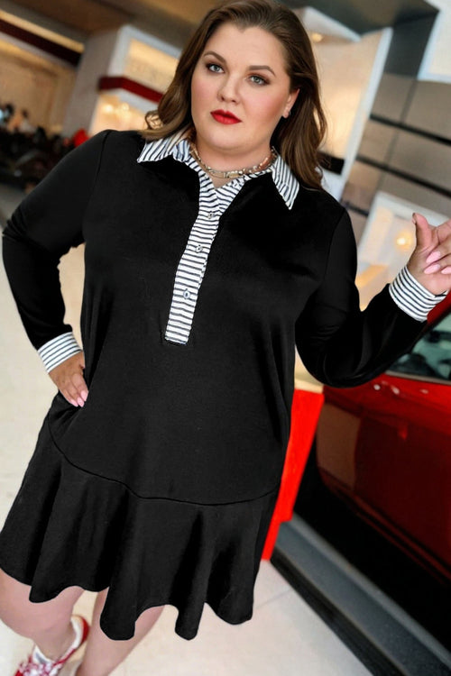 Black Striped Cuffs Polo Collar Patchwork Long Sleeve Ruffle Hem Dress