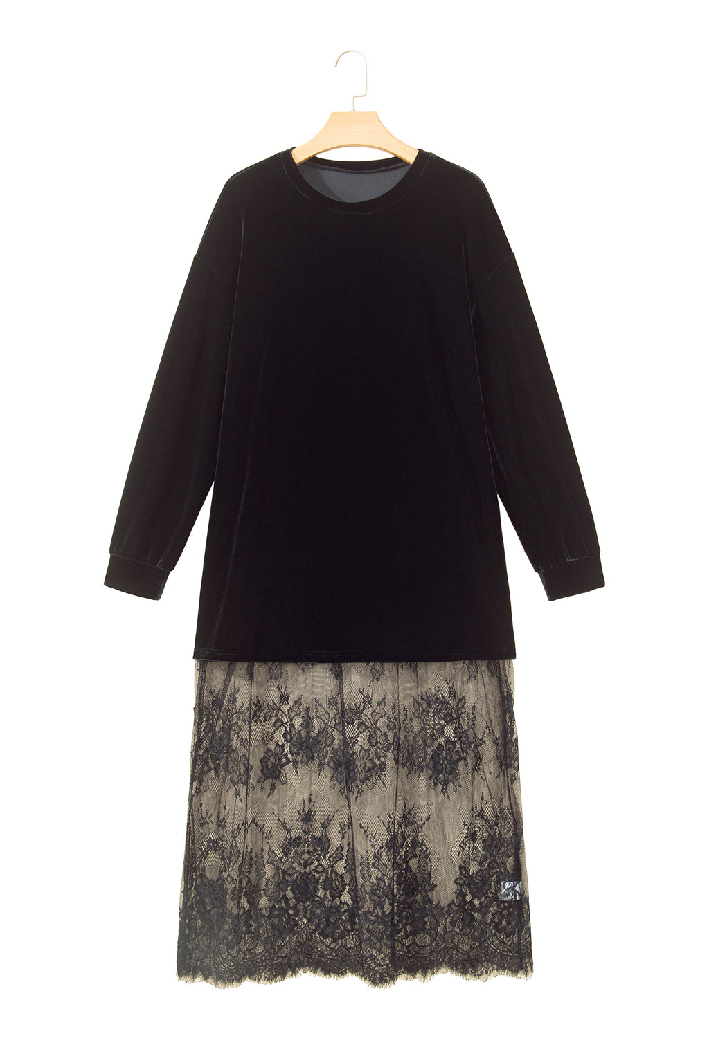 Black Velvet Long Sleeve Lace Splicing Hem Shift Maxi Dress