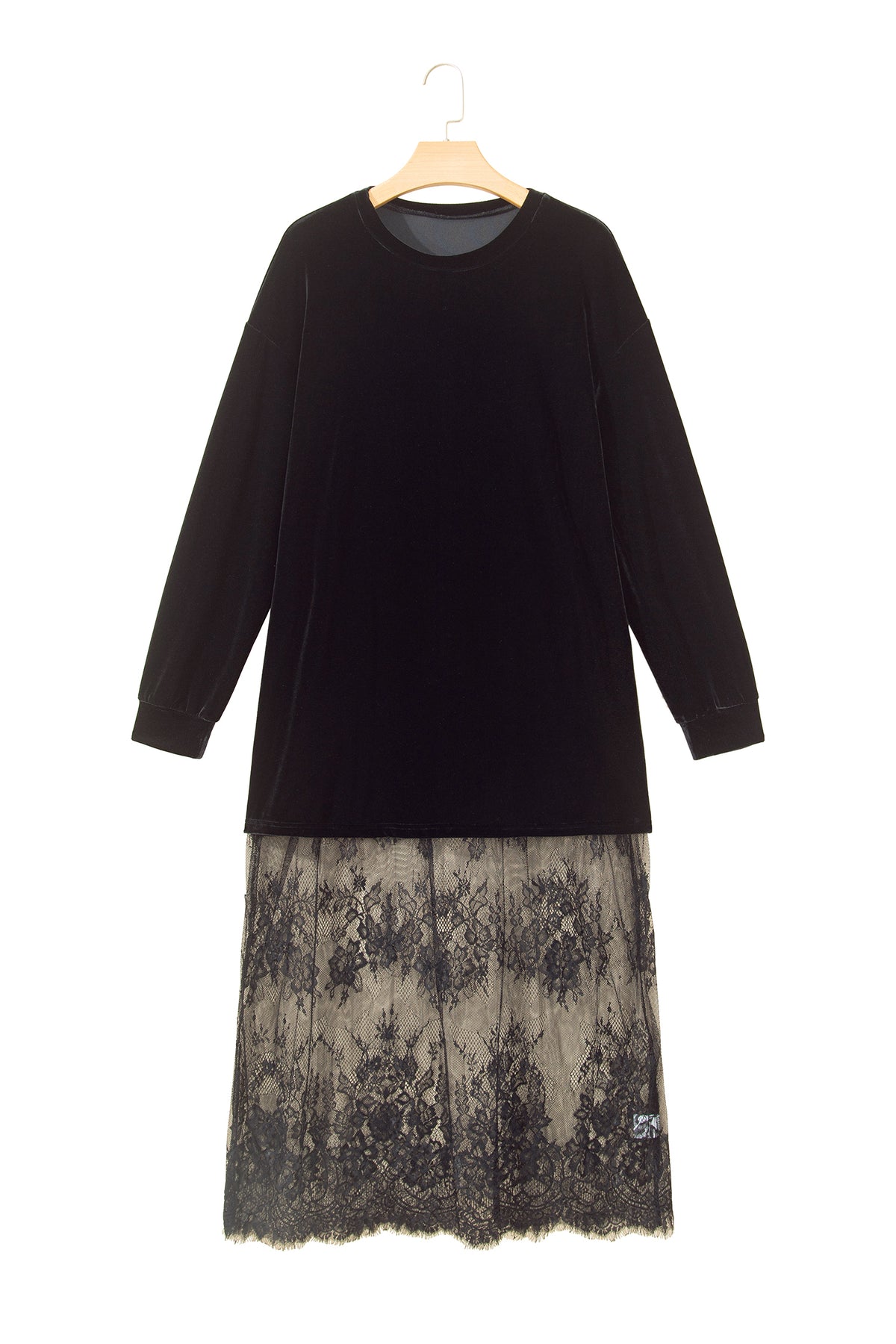Black Velvet Long Sleeve Lace Splicing Hem Shift Maxi Dress