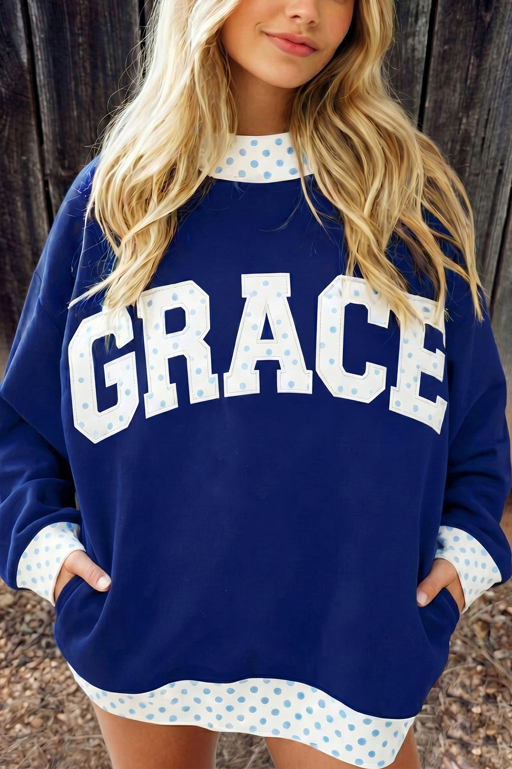 Coffee Polka Dot Trim High Neck BLESSED Letter Graphic Baggy Sweatshirt