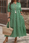 Green Plus Size Geometric Print Pocketed Ruffle Hem Casual Dress
