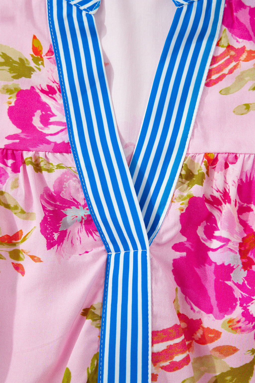 Multicolour Floral Half Sleeve Striped Trim V Neck Blouse