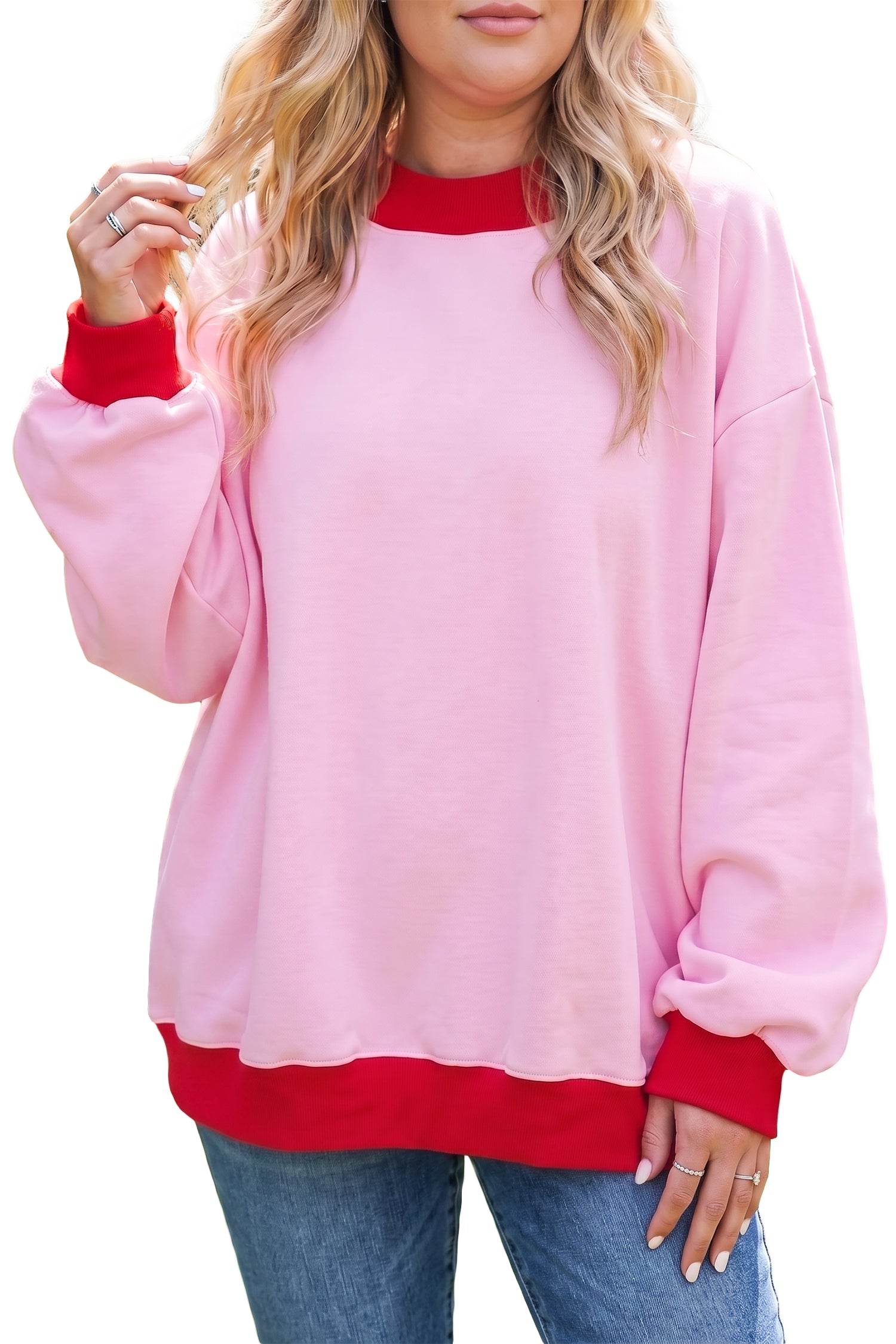 Pink Red Contrast Trim Plus Size Sweatshirt