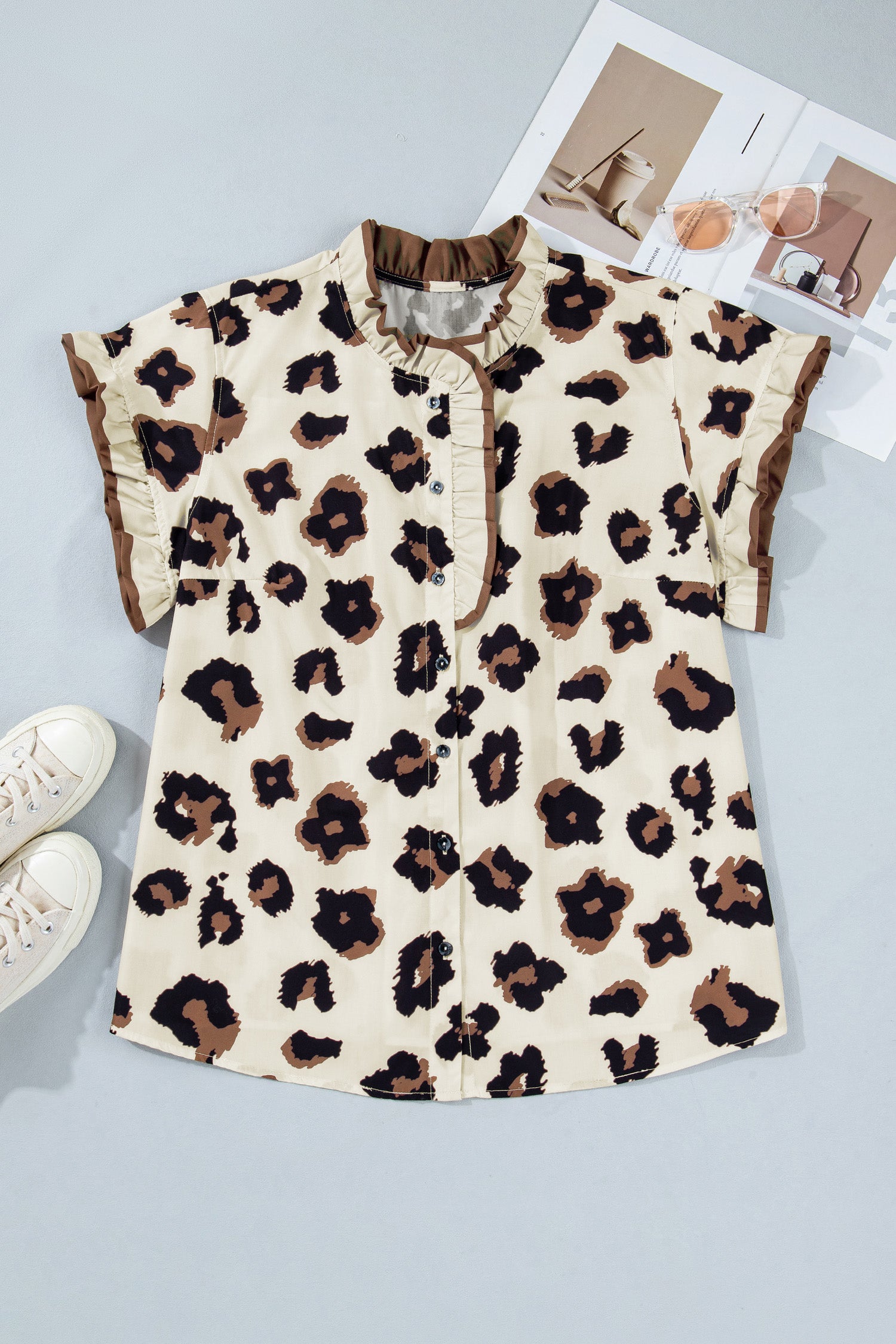 Khaki Leopard Print Frilled Color Block Trim Button Down Short Sleeve Blouse