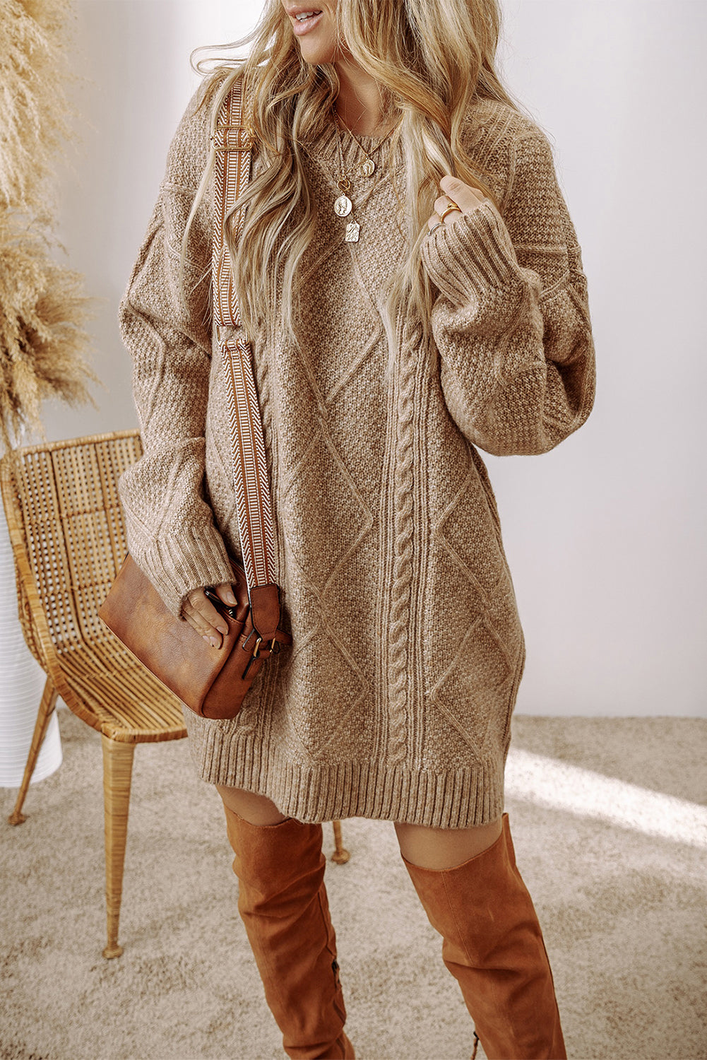 Burgundy Cable Knit Drop Shoulder Loose Fit Sweater Dress