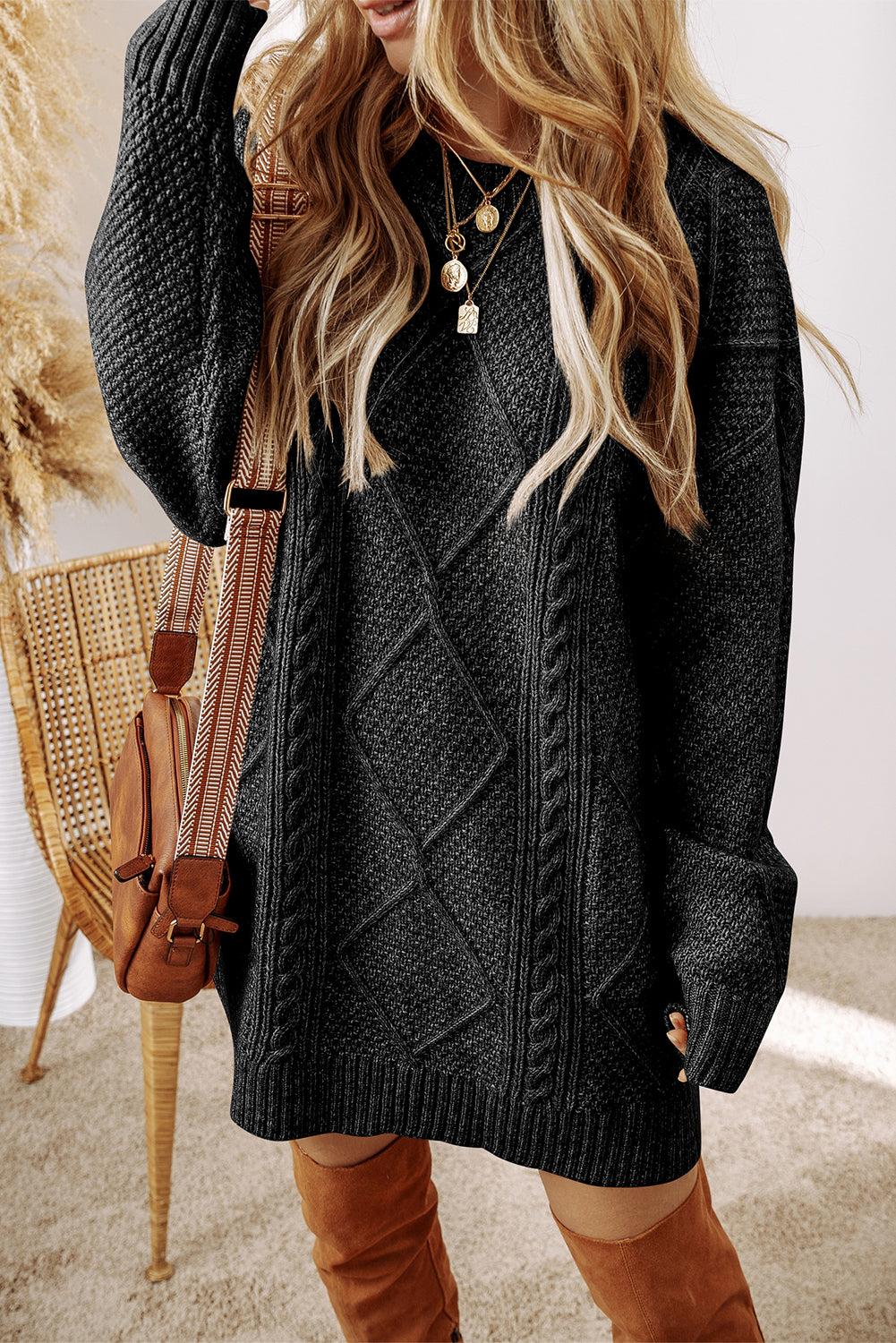 Burgundy Cable Knit Drop Shoulder Loose Fit Sweater Dress