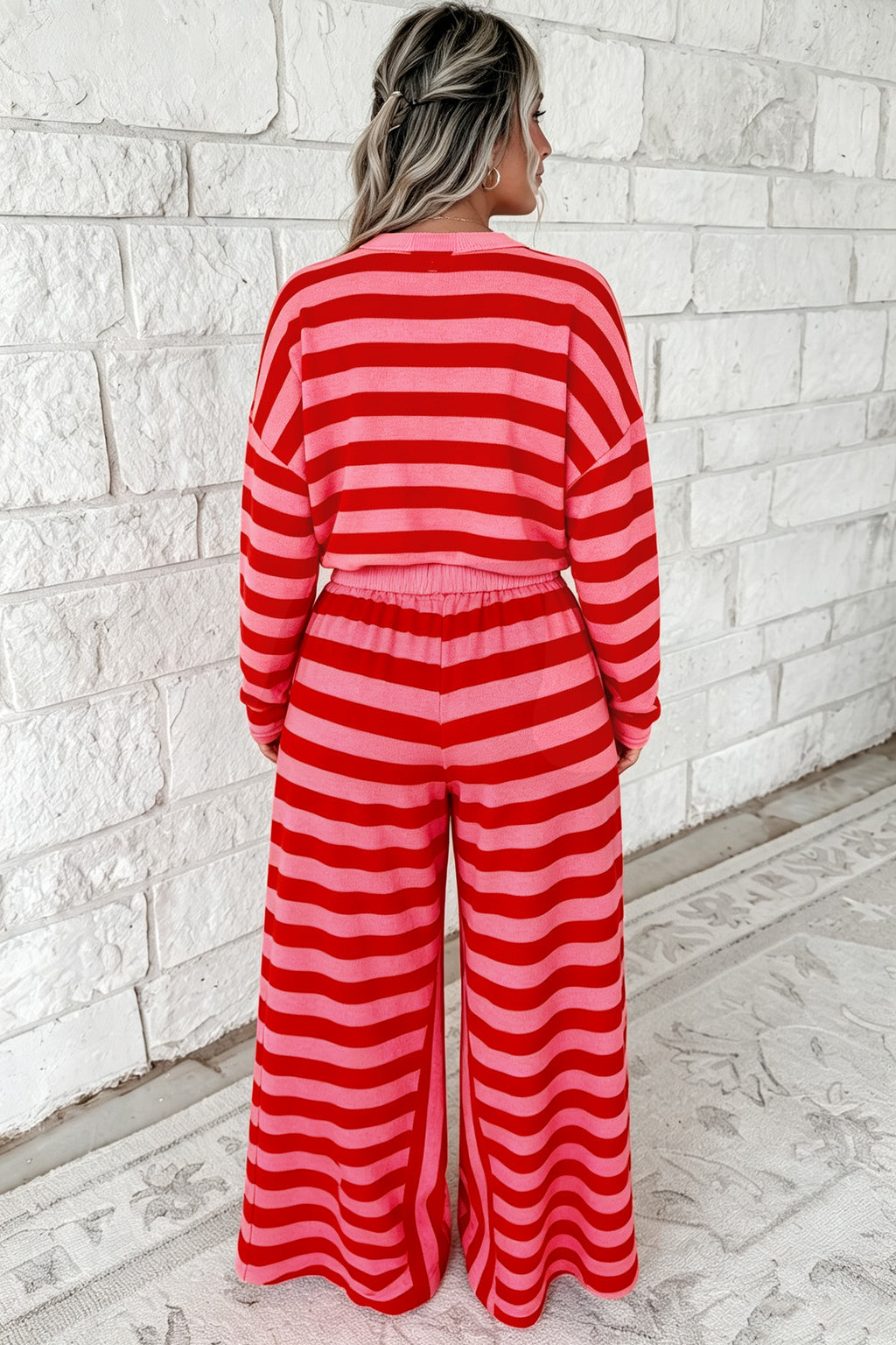 Red Stripe Two-Piece Drop Shoulder Pullover Loose Pants Set