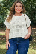 White Plus Size Eyelet Hollow Out Knit Ribbed Trim Short Sleeve Dolman Sweater