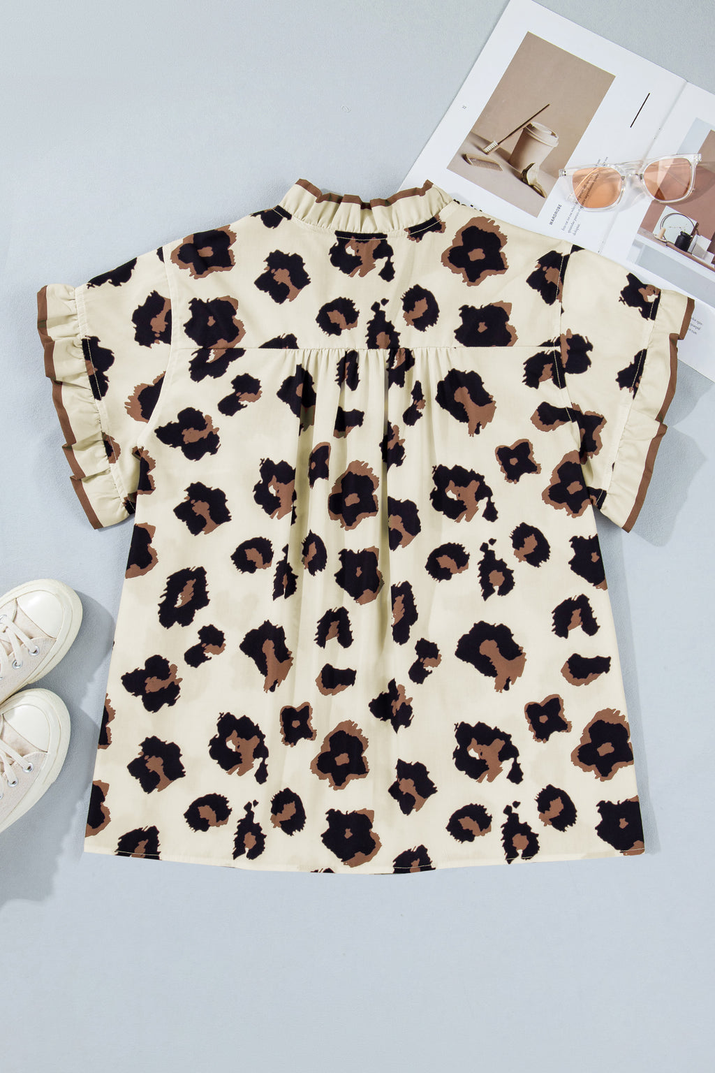 Khaki Leopard Print Frilled Color Block Trim Button Down Short Sleeve Blouse