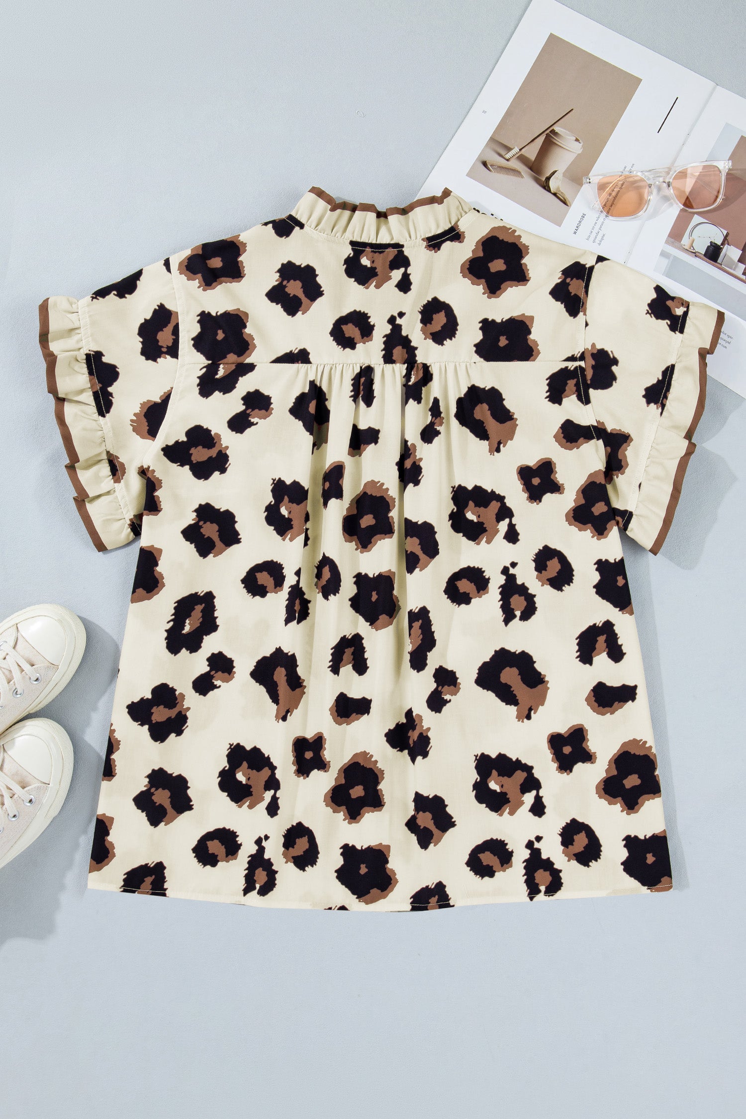 Khaki Leopard Print Frilled Color Block Trim Button Down Short Sleeve Blouse