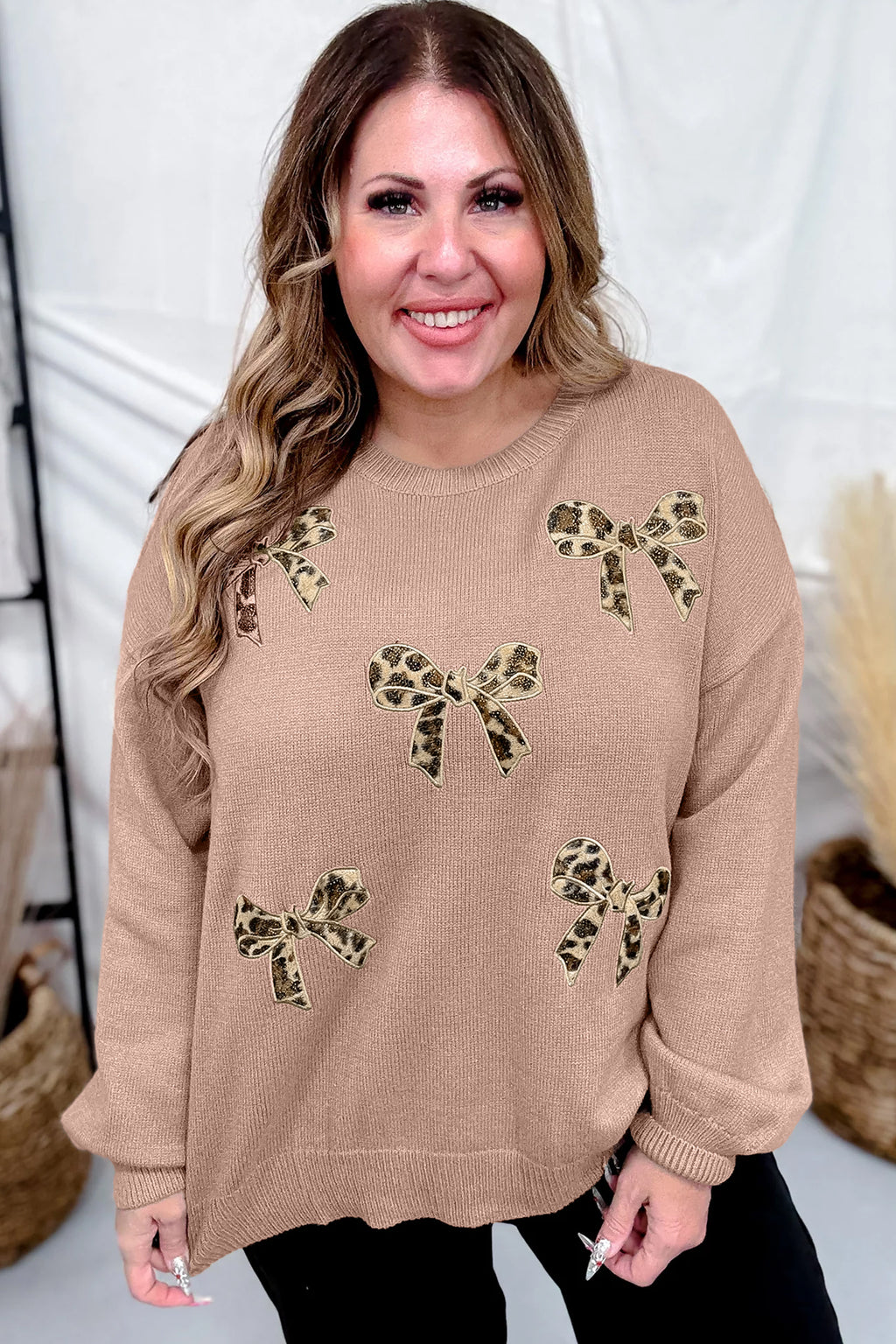 Dark Khaki Leopard Bow Embroidery Drop Shoulder Pullover Plus Size Sweater