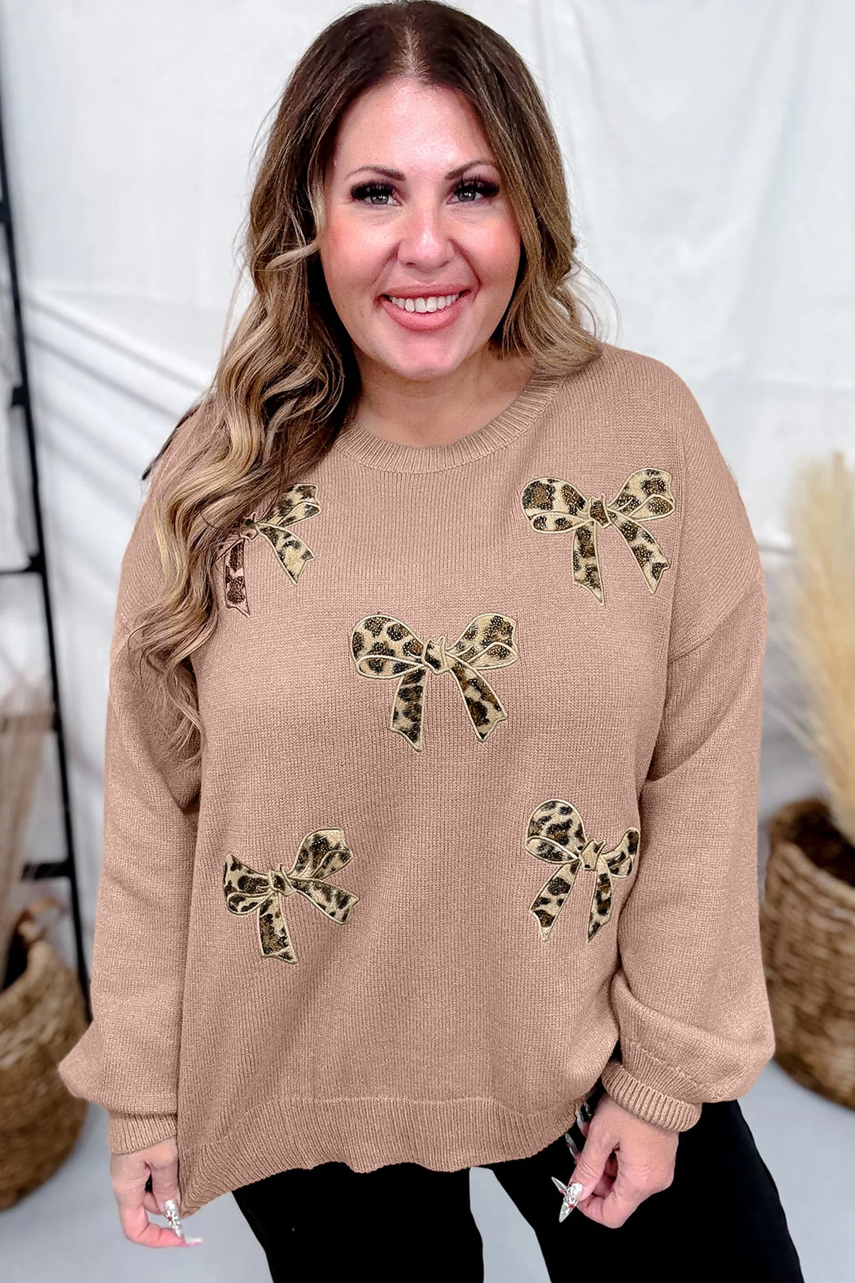 Dark Khaki Leopard Bow Embroidery Drop Shoulder Pullover Plus Size Sweater