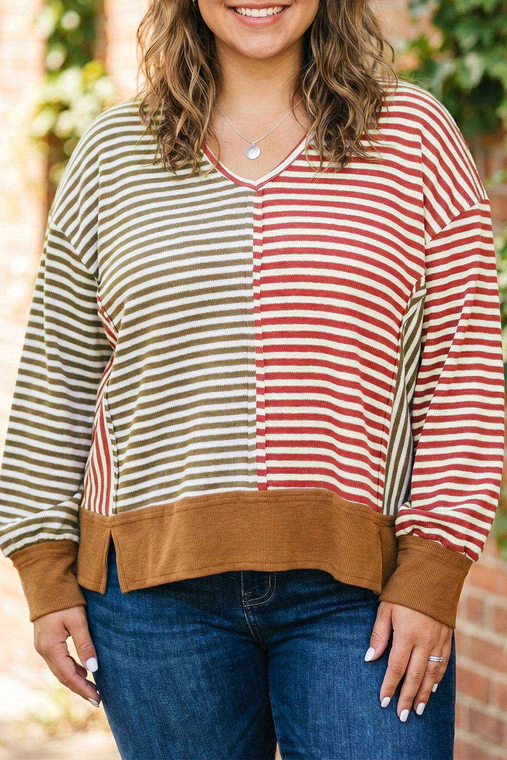 Brown Stripe Striped Colorblock V Neck Oversized Long Sleeve Plus Size Blouse
