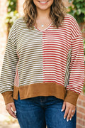 Brown Stripe Striped Colorblock V Neck Oversized Long Sleeve Plus Size Blouse