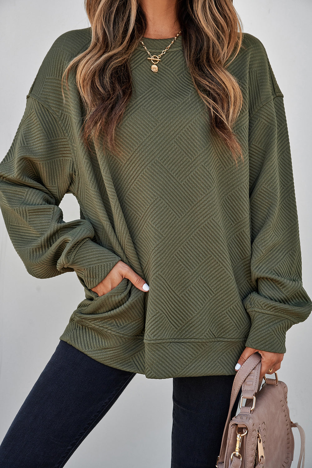 Coffee Solid Color Textured Round Neck Drop Shoulder Pullover Sweatshirt