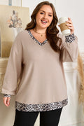 Leopard Patchwork V Neck Long Sleeve Plus Size Top