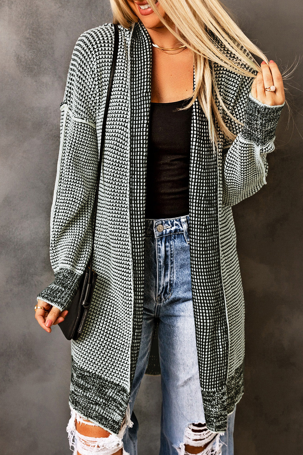 Gray Plaid Long Open Front Cardigan