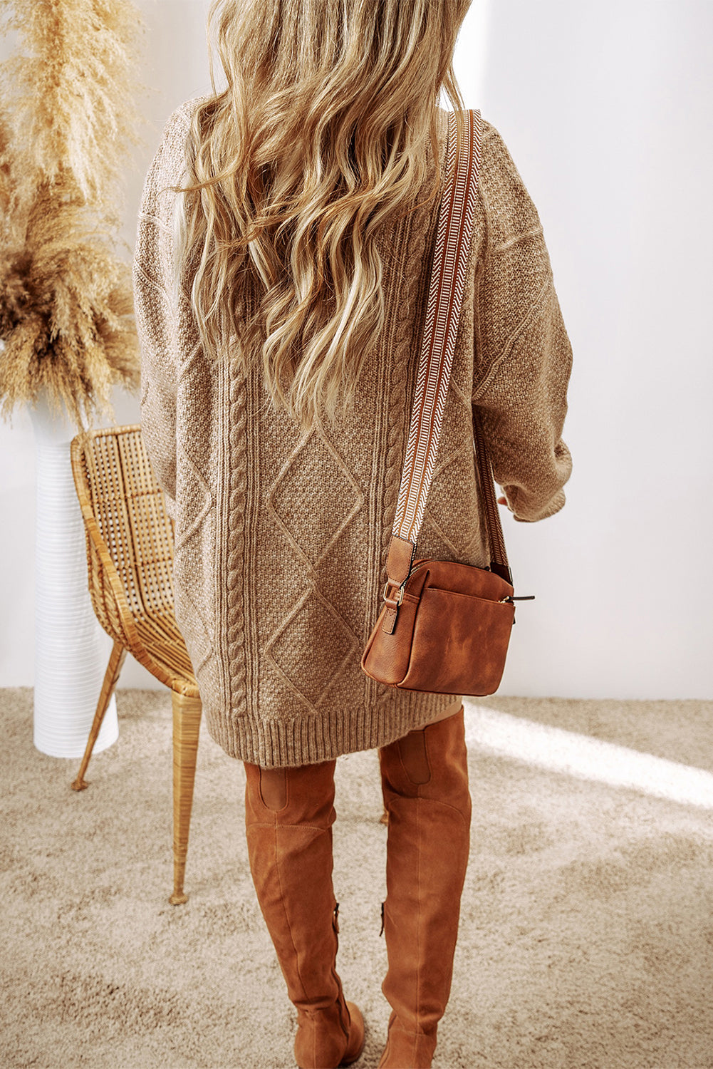 Burgundy Cable Knit Drop Shoulder Loose Fit Sweater Dress