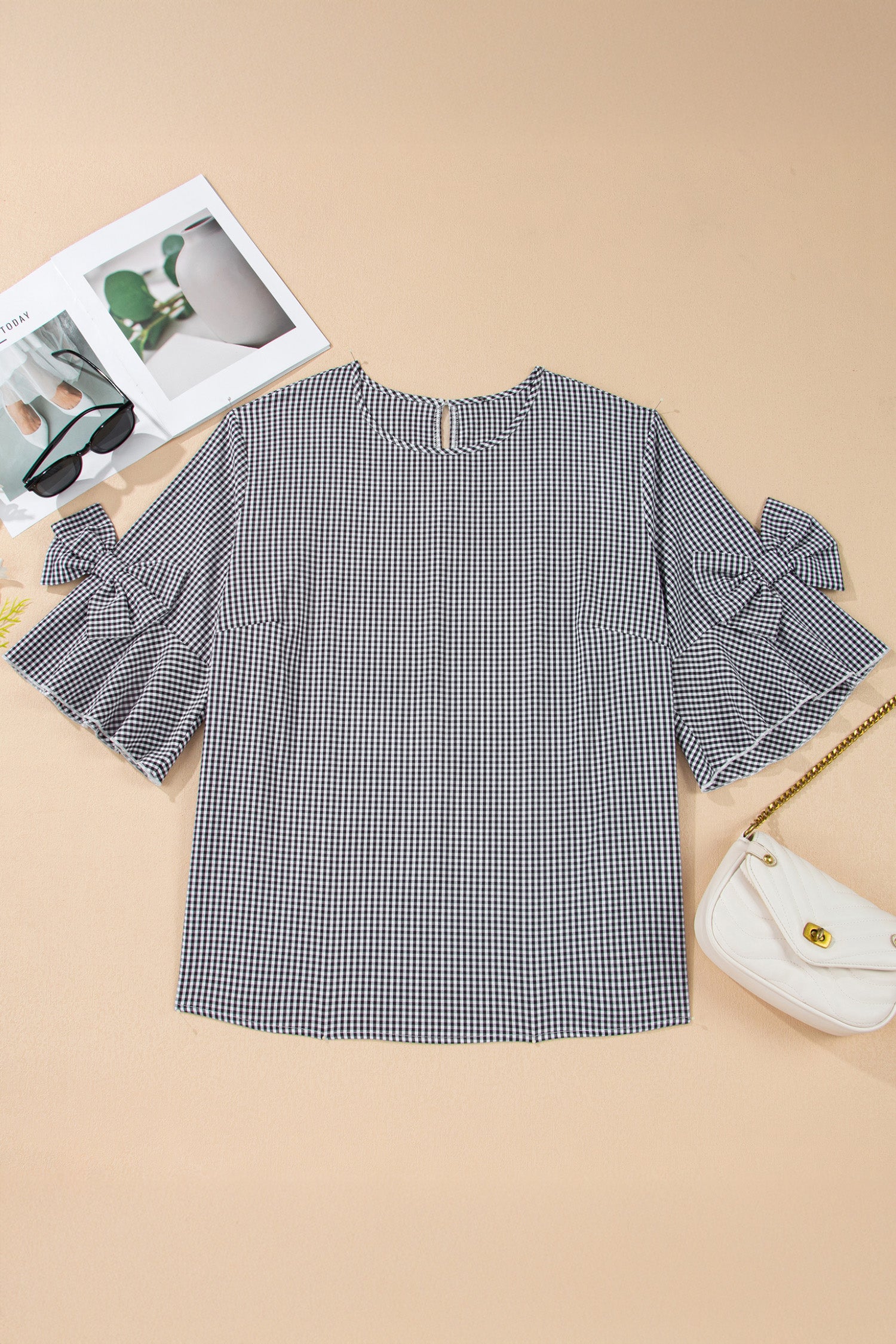 Black Plus Size Plaid Bow Decor Bell Sleeve Round Neck Pull Over