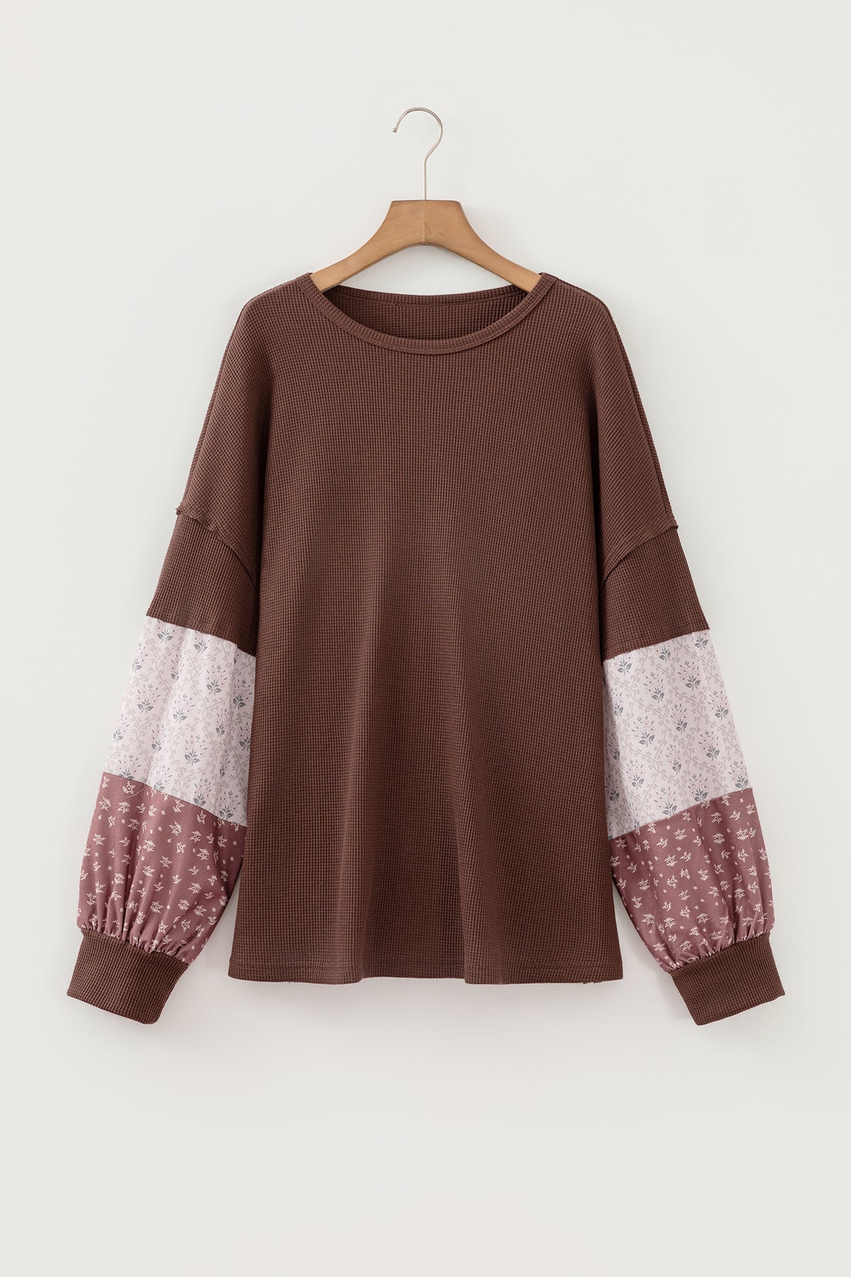 Coffee Plus Size Waffle Knit Floral Patchwork Long Sleeve Top
