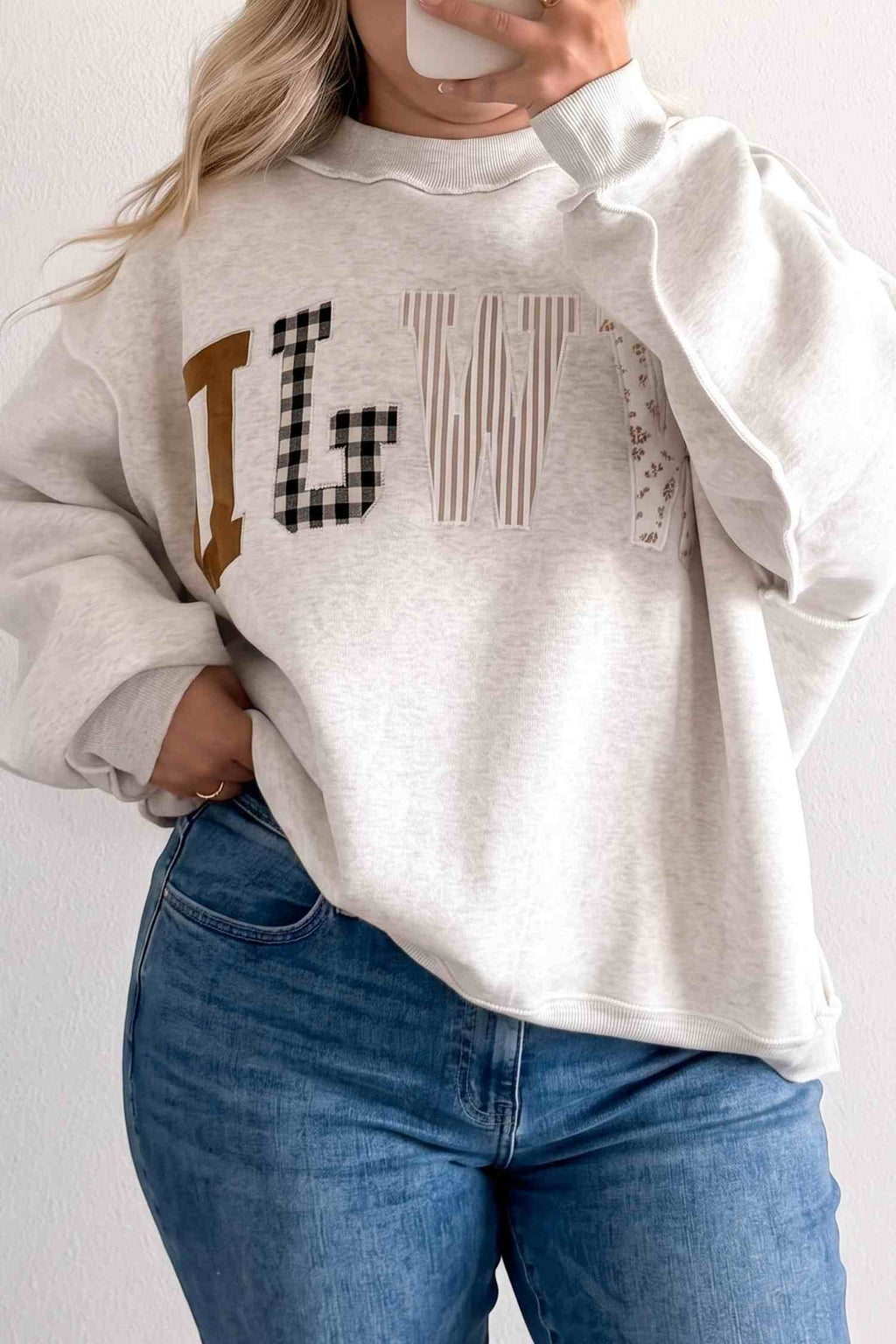 Gray WWJD Applique Exposed Seam Drop Shoulder Sweatshirt