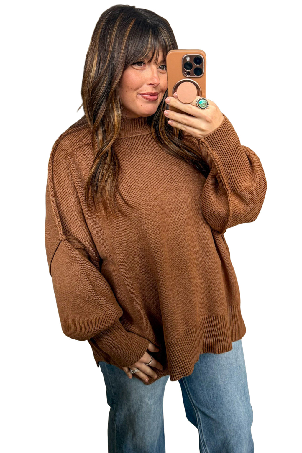 Chestnut Oversized Ribbed Knit Long Sleeve Sweater
