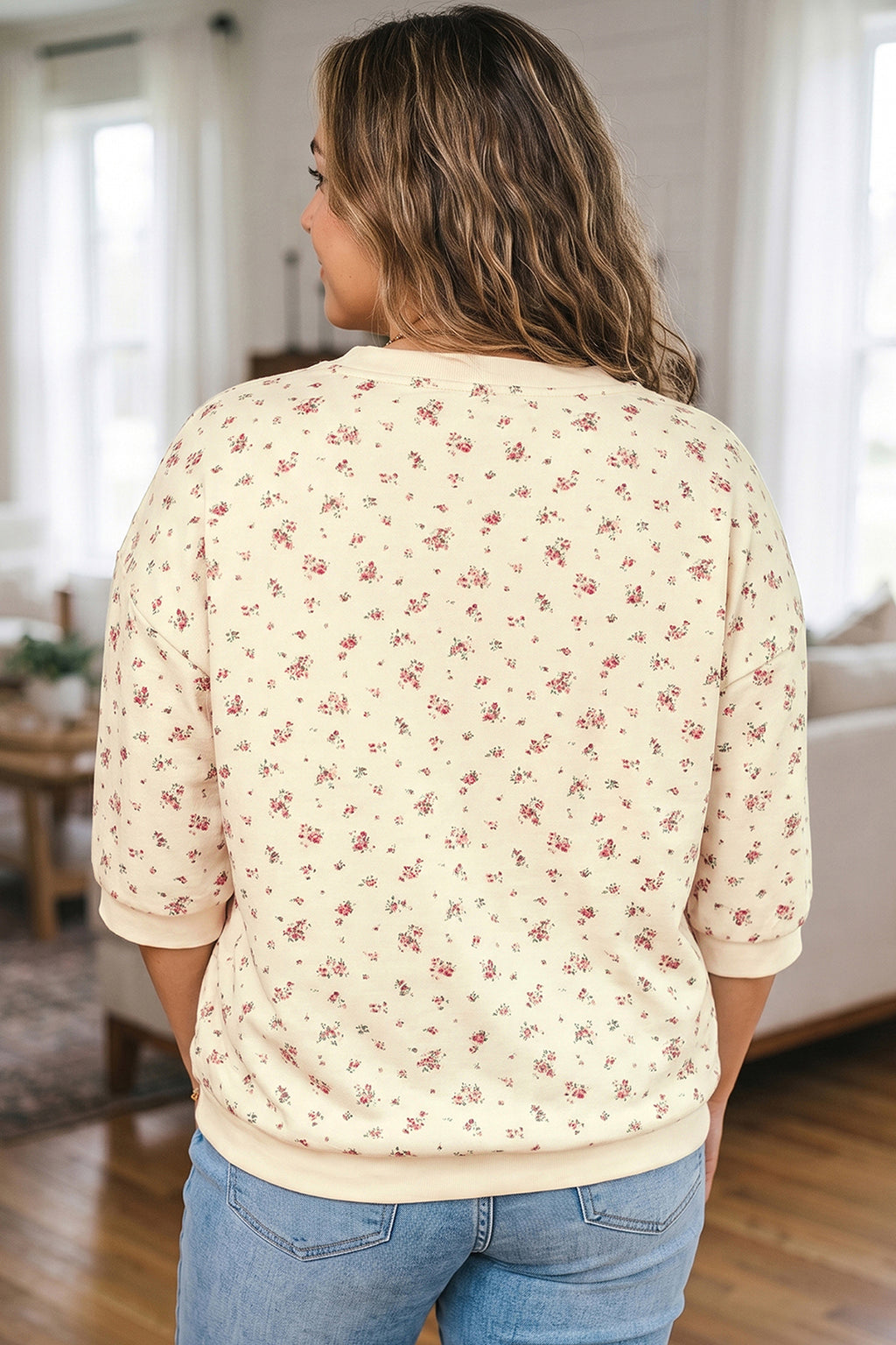 Beige Floral Print Colorblock Cuffs Hem Plus Size Blouse