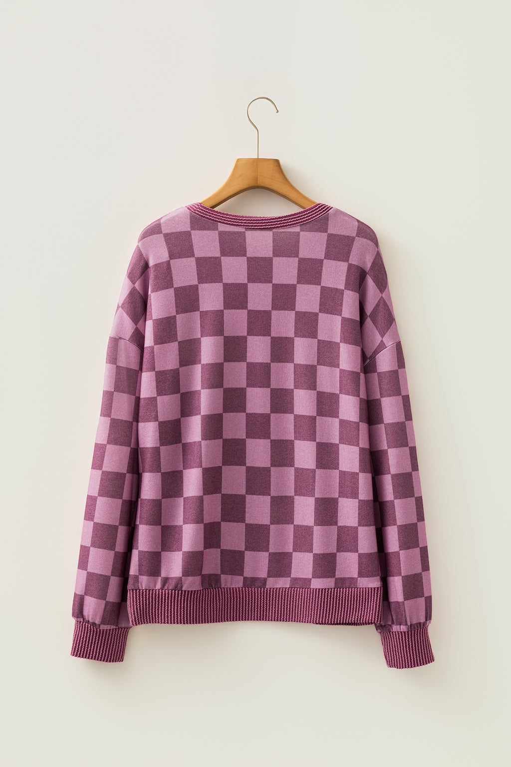 Ribbed Trim Checkered Print LS Pullover Top