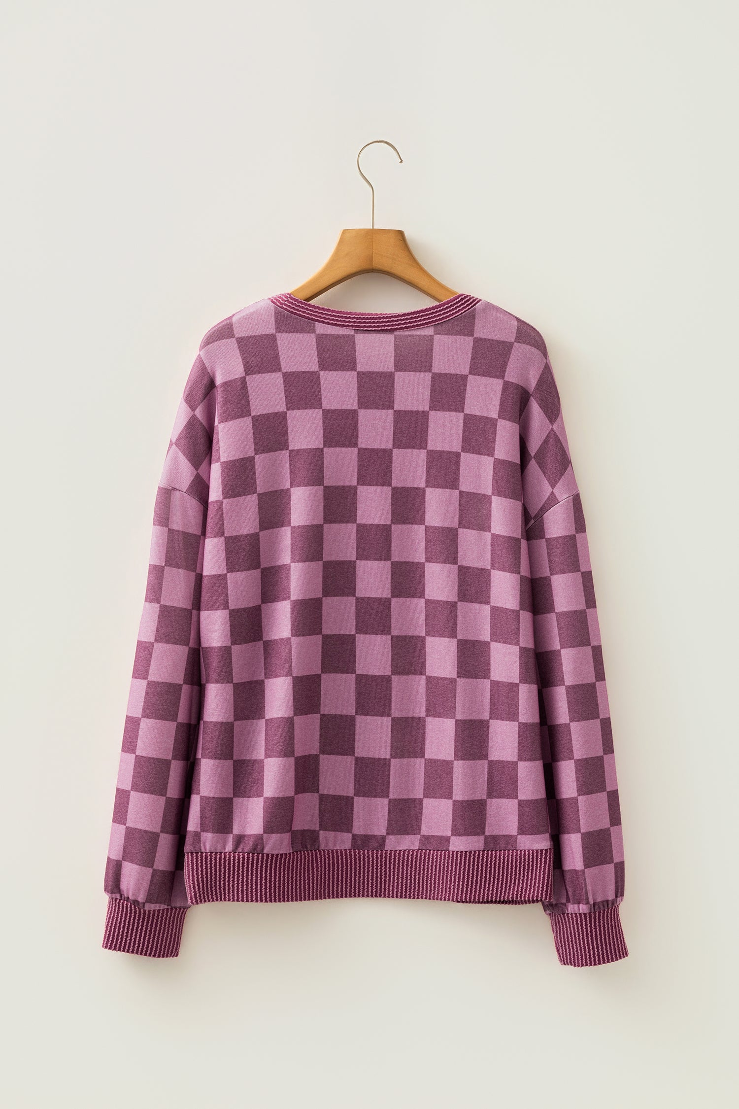 Ribbed Trim Checkered Print LS Pullover Top