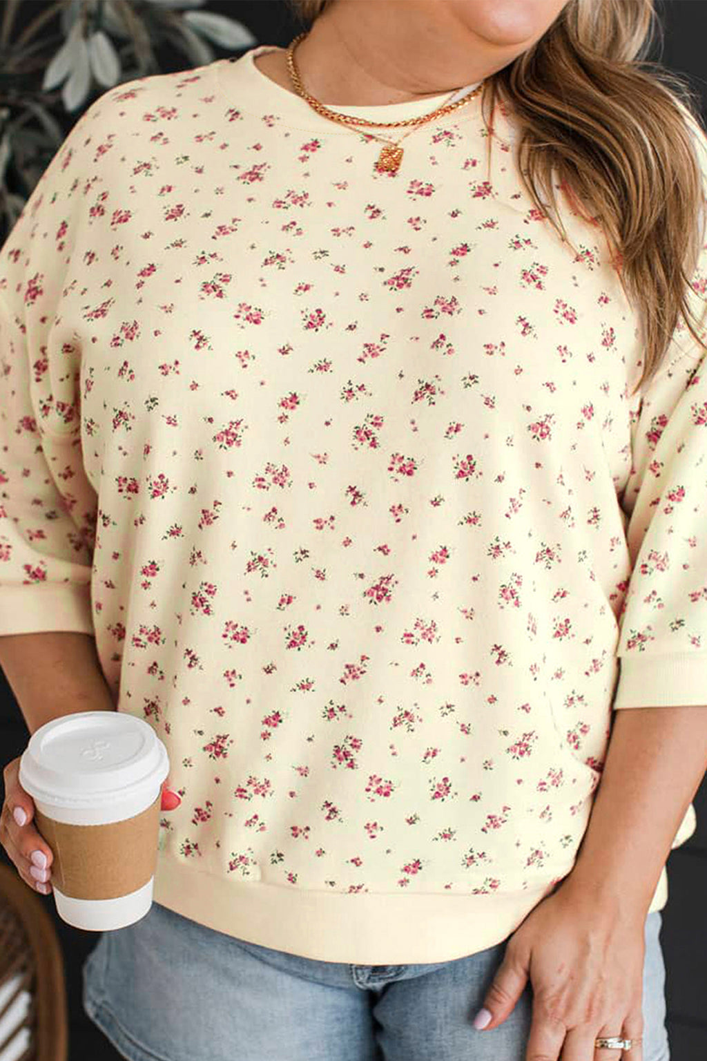 Beige Floral Print Colorblock Cuffs Hem Plus Size Blouse