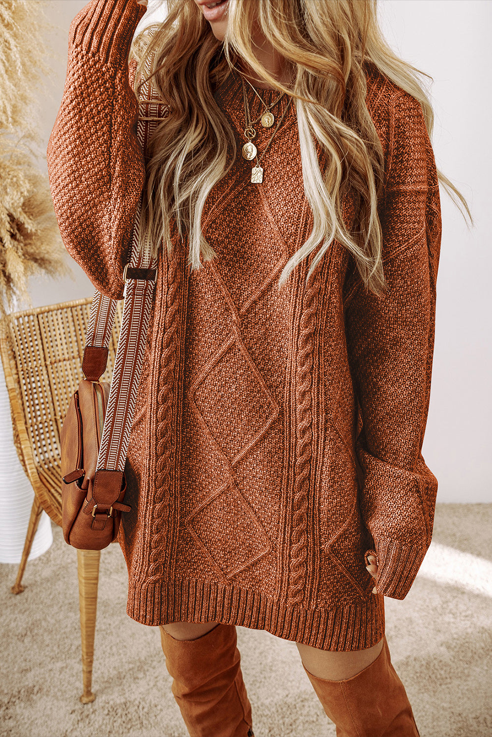 Burgundy Cable Knit Drop Shoulder Loose Fit Sweater Dress