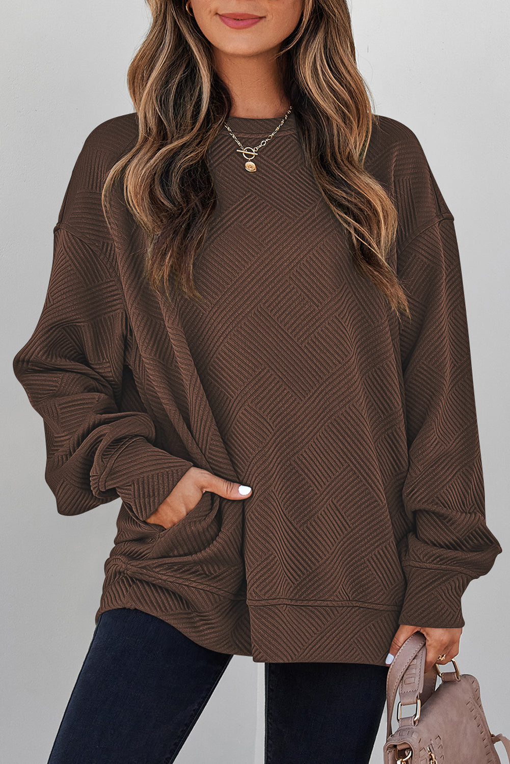 Coffee Solid Color Textured Round Neck Drop Shoulder Pullover Sweatshirt
