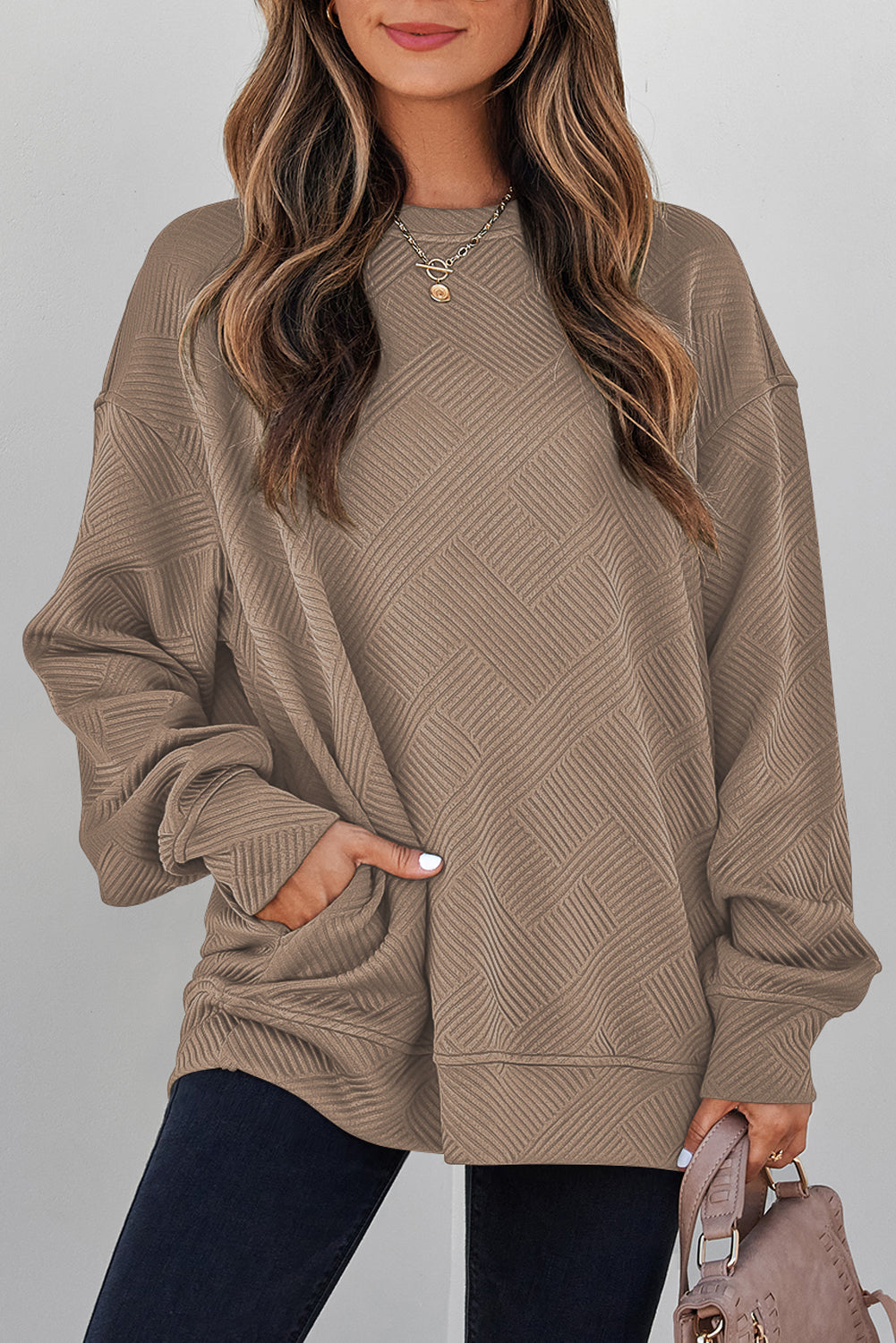 Coffee Solid Color Textured Round Neck Drop Shoulder Pullover Sweatshirt