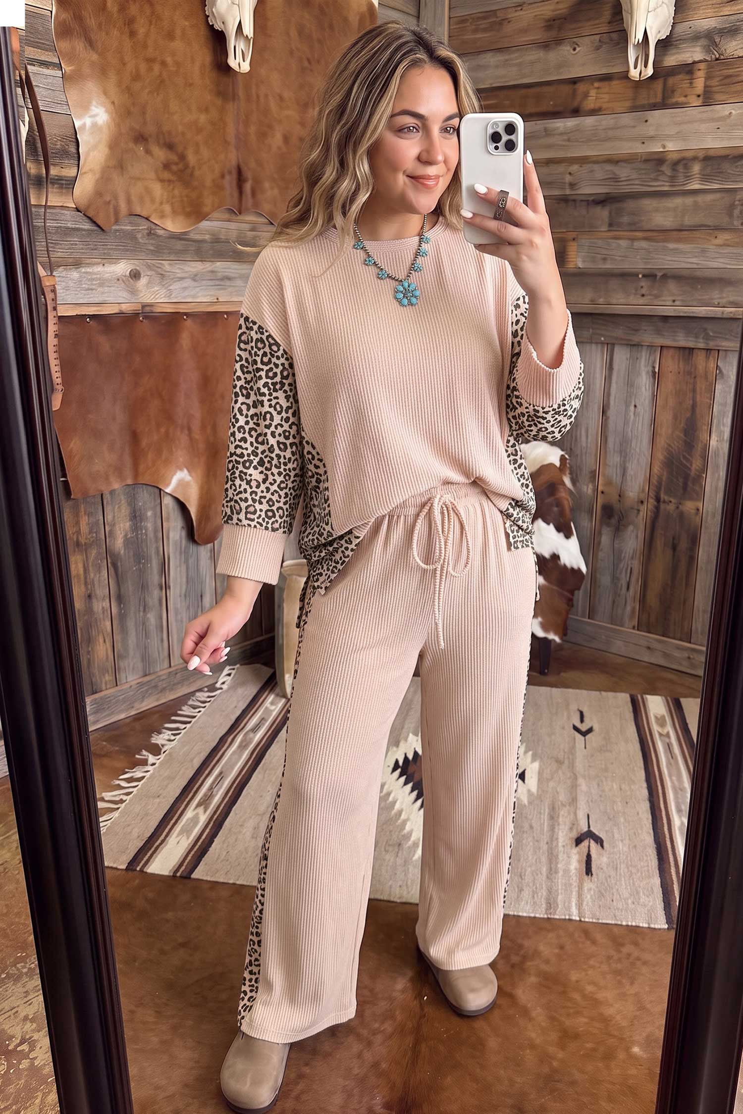 Light French Beige Leopard Print Ribbed Twist Long Sleeve Top Pants Plus Size Set