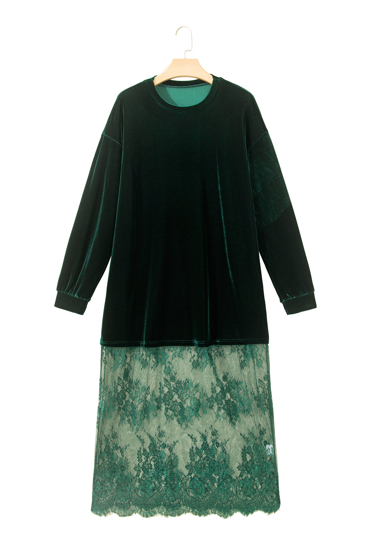 Black Velvet Long Sleeve Lace Splicing Hem Shift Maxi Dress