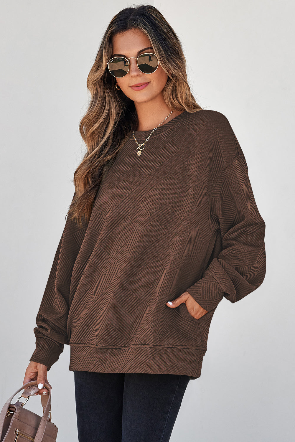 Coffee Solid Color Textured Round Neck Drop Shoulder Pullover Sweatshirt