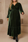 Blackish Green V Neck Long Sleeve Velvet Loose Fit Plus Size Dress