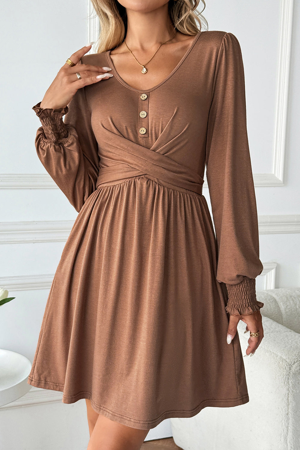 Chestnut Shirred Cuff Long Sleeve Button Round Neck Mini Dress