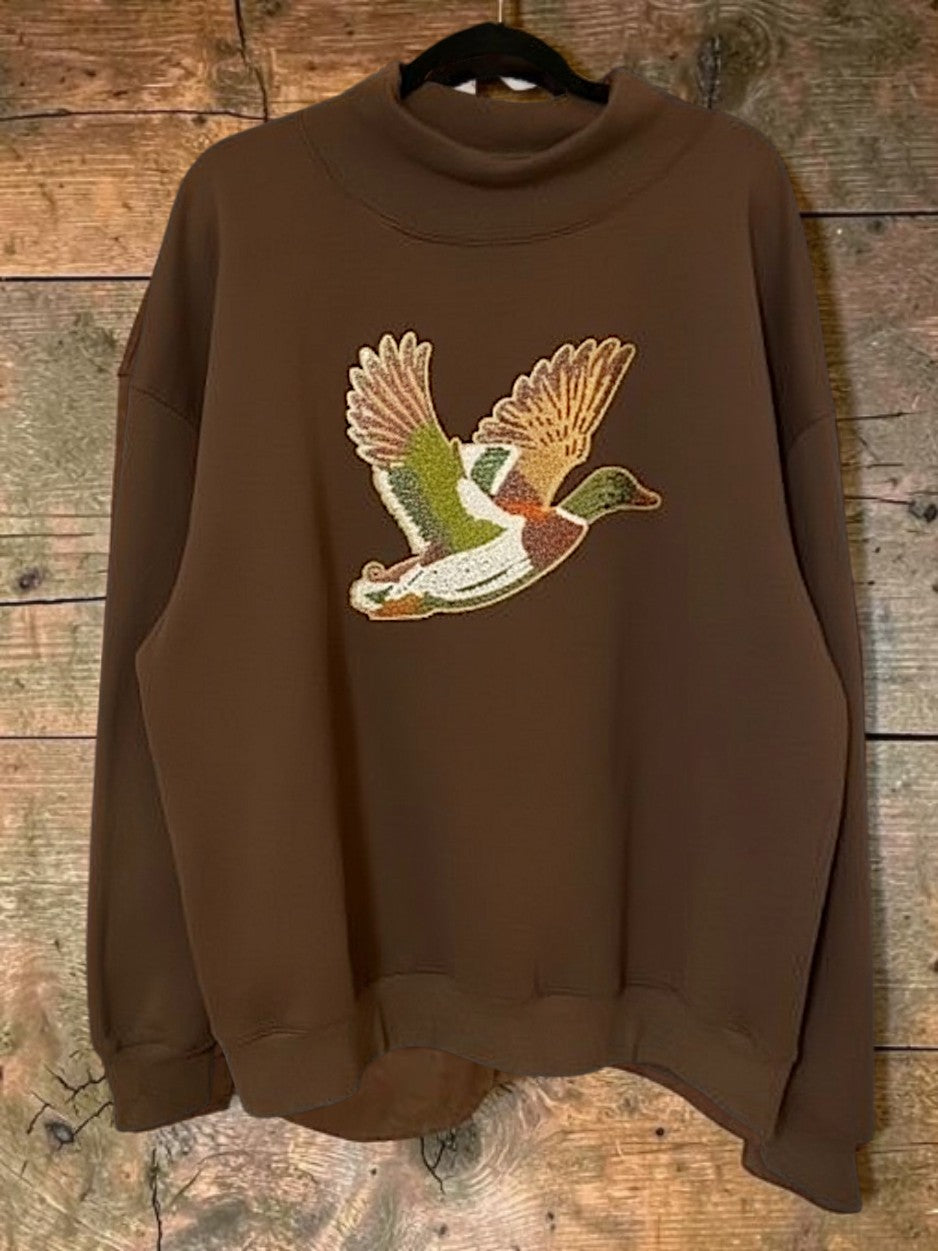 Mallard Duck Sequin Patch Mock Neck Sweatshirt